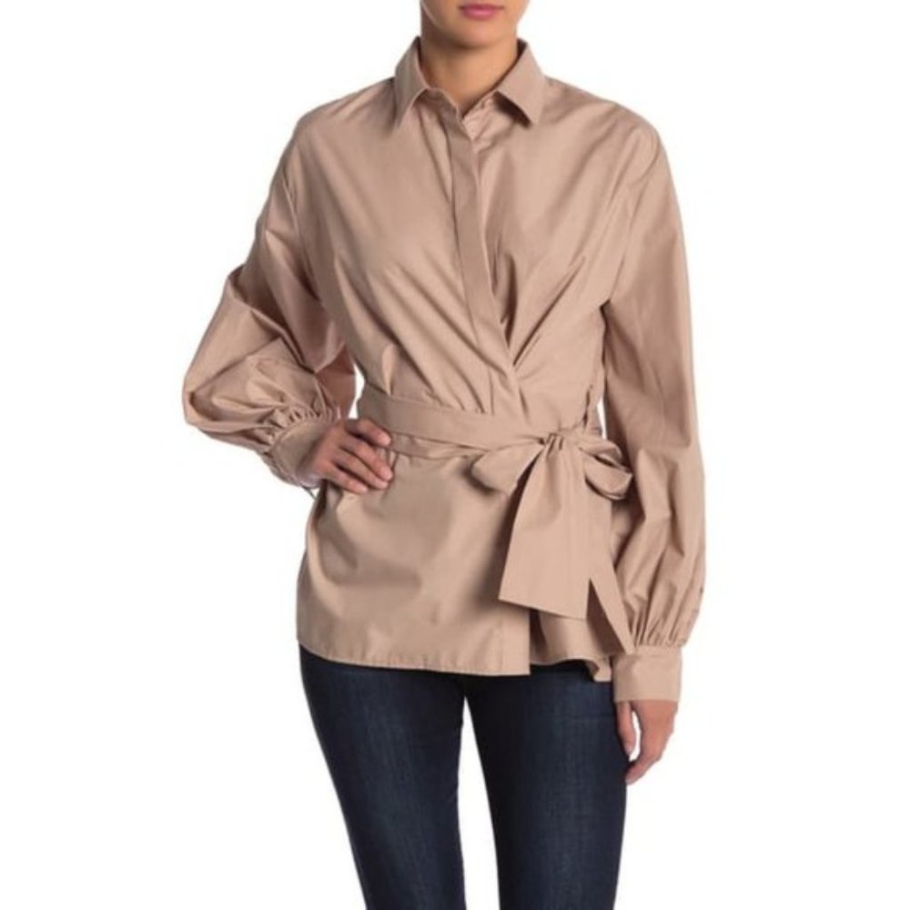 Tov Los Angeles Nordstrom Button Down Pleated Sleeve Beige Belted Shirt